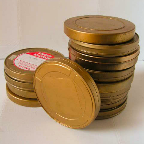 FILM CAN, Small Metal Originals 19cm (with assorted film labels)